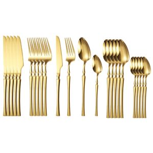 24 st -exklusiva guldmiddagsuppsättningar rostfritt stål bordsredskap kniv gaffel kaffekon flatvaror diskmaskin säker middagar från bestick 220623