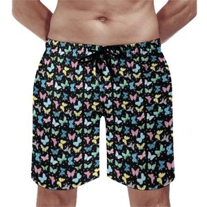 Herren Shorts Blaurosa gelb und grüner Schmetterlinge Brett Schmetterlingsdruck Blumenkunst Strand Elastische Taillenmuster benutzerdefinierte Trunksmen's's