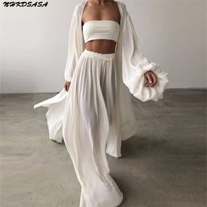 Women 3 Piece Sets Homewear Fashion Casual Lantern Sleeve Cardigan Tops+Wide Leg Pants Suits Lady Spring Soft Three Outfit 220329