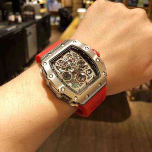 Uxury Watch Date Richa Barrel Shaped Mechanical Watch Men's RM011 Hollow Calender Silicone Helautomatisk sportvattentät