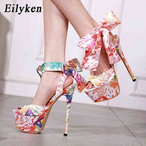 Sandals Eilyken Fashion Big Butterfly-knot Designer Slides Platform Open Toe Ankle Lace-up Stiletto Heels Women Party Shoes 220317