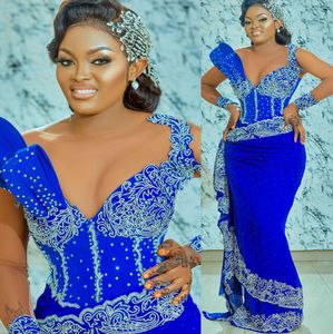 2022 Plus Size Arabic Aso Ebi Blue Luxurious Mermaid Prom Dresses Lace Pärled Evening Formal Party Second Reception Birthday Engagement Gowns Dress ZJ623