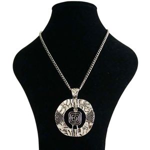 Pendant Necklaces X Tibetan Silver Metal Large Circle Round Statement Abstract Spiral On Long Curb Chain Lagenlook 34"Pendant