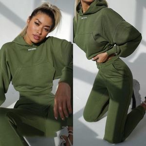 Women's Two Piece Pants 2022Autumn Winter Girls Women Crop Top Hoodies Sportswear Suits Thicken Ladies Sets Hoodie