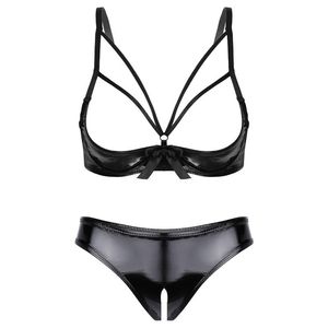 Patent Leather Wet Look Lingerie Set with Strappy Open Cup Bowknot and Crotchless Briefs for underwire <strong>swimwear</strong>