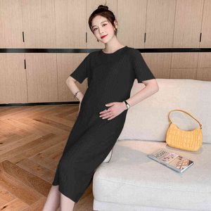 Summer Pregnant Women Knitting Dress Solid Color Short Sleeve Oneck Stretched Cool Maternity Straight Dress Pregnancy Clothing J220628
