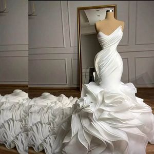 New Arrival Organza Cascading Ruffles Mermaid Bridal Wedding Gown V Neck Wedding Princess Dresses