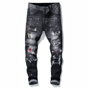 2022 masculinos rips alongados jeans pretos moda slim fit lavado calça jeans de jeans jean para o designer de homem preto calça de hip hop a8 tamanho 30-38