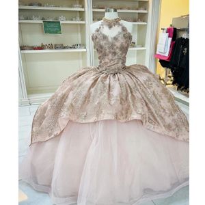 샴페인 Quinceanera 드레스 볼 가운 2022 아플리케 구슬 스팽글 스팽글 하이 넥 생일 파티 공식 무도회 드레스