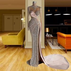Sidsplit sexig sjöjungfru aftonklänningar 2022 Sparkly Crystal pärlor med hög hals långärmad promenad klänningar kvinnliga arabiska festklänning