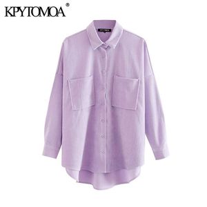 kpytomoa女性ファッションポケット特大のコーデュロイシャツヴィンテージロングスリーブ非対称のゆるい女性ブラウスシックトップ210301