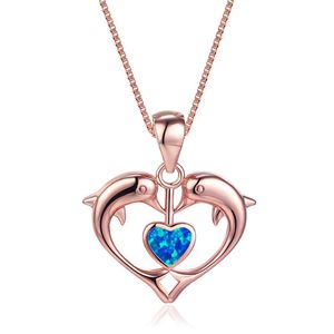 Anhänger Halsketten Niedliche weibliche Delphin Lange Kette Halskette Charme Weiß Blau Opal Hochzeit Boho Rose Gold Farbe Für FrauenAnhänger