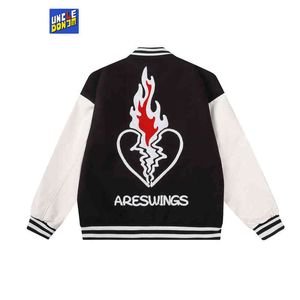 Uncedonjm Broken Heart Flame Brodery Bomber Jacket Men Fashion Varsity Jacket Men Korean Fashion Jackets For Men T220728