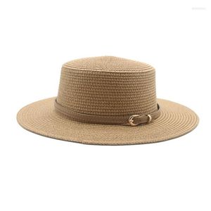 Wide Brim Hats Summer Women Solid Khaki Black White Belt Band Straw Dress Formal Flat Top 7.5cm Beach Sun Protection Delm22