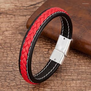 Charm Armbänder Punk Männer Schmuck Rot Schwarz Geflochtenes Leder Armband Metall Magnetische Schnalle Männliche Handgelenk Band Pulsera HombreCharm Inte22