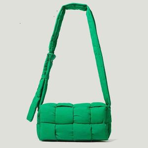 Green Woven Feather Down Padded Shoulder Bag Unisex Luxury Stylish Nylon Quilted Pillow Crossbody Purses with Clutch Handbag 220607