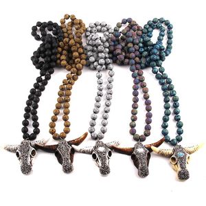 Pendelling halsband mode bohemiska stam smycken multi lavastenar lång knuten handgjorda asfalterade tjurhuvudhalsband för kvinnligt framstående