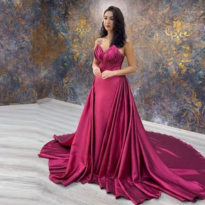 Fuchsia Strapless Mermaid Evening Dresses Ruffles Dechable Train Satin Formal Prom Party Gowns Plus Size