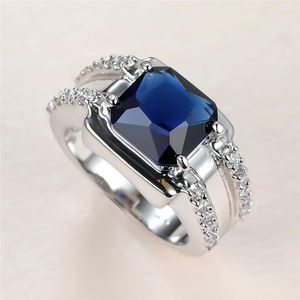 Wedding Rings Luxury Male Female Blue Crystal Ring Charm Silver Color Thin For Women Men Dainty Square Zircon Engagement Edwi22