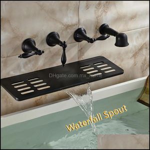 Toptan ve perakende duvara monte banyo küveti musluk yağı ovulmuş bronz şelale spout w/ sabun tabağı el duş püskürtücü damla teslim