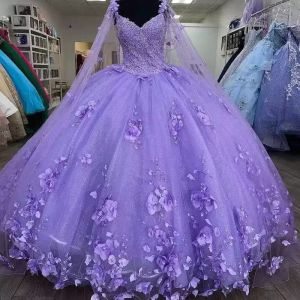 Lavender Princess 2022 Quinceanera Dresses With Wrap 3D Floral Flower Appliqued Lace Ball Gowns Sweet 15 Vestidos 16 Prom Dress