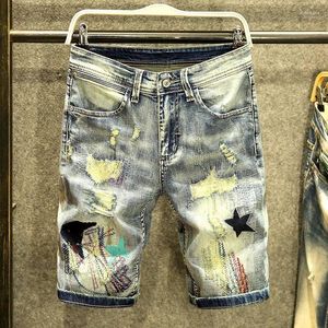 Мужские джинсы хип -хоп синие шорты размером 38 летние отверстия для трендов для мужчины корейская растяжка прямой дизайн высококачественный дизайн повседневных дебюта Drak22