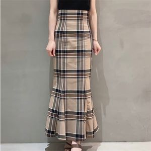 Kuzuwata High cintura xadrez as nádegas lateral split sereia saias de estilo japão temperamento elegante jupe outono mulheres faldas 220401