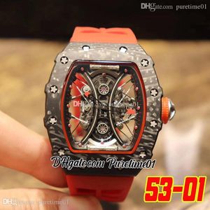 2022 53-01 Miyota Automatyczna męska zegarek Luminous Carbon Fibre szkielet czerwony gumowy pasek Super Edition Puretime01 E71d7