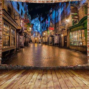 Boho Decoration Home Fantasy Castle Tapestry Magic Night View Alley Shops Street Diagon World Wall Hanging J220804