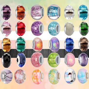 Fit pandora charms 925 bracelet Bead Original box Colorful Laser Color Purple Red Blue Black Large Hole Glass European charm jewelry