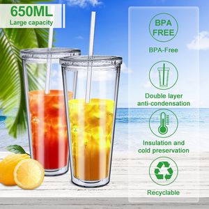 650ml Transparent DIY Vattenflaska Tumbler med halm Återanvändbar Kaffekoppar Sommar Kall Dricker Personlig Bärbar Dryckesware SXA14