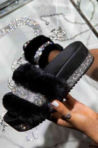 Slippers Luxury Designer Women Fur Rhinestone Platform Wedges Heel Solid Fluffy Furry Slides Outside Sexy Shoes Ladies Whosale 220329