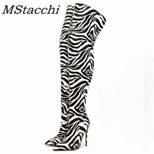 Mstacchi 2022 نساء جديدات فوق الكعب العالي في الركبة أحذية Sexy سيدات Zebra على غرار إصبع القدم الخنجر Long Botas Femininas 220729