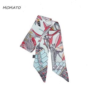 Design Feather Bird Leaves Print Woman Silk Scarf Brand Bag Ribbons Fashion Head Small Long Scarves Headband