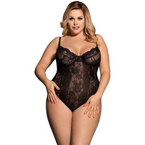 Body Femme Sexy See Though Neon White Black Floral Sheer Plus Size Lace Bodysuit M XL 3XL 5XL Rompers Womens Jumpsuit 210306