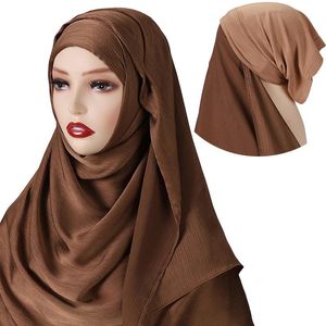 Halsdukar 10st/parti Instant Hijab med Jersey Cap Satin skrynklat för kvinnor muslimska mode islam hijabs halsduk grossistleverantör