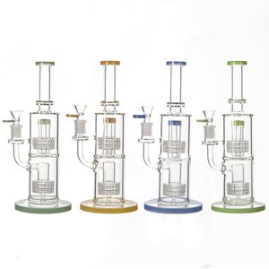Double Stereo Matrix Hookahs 11 Inch Glass Bongs Birdcage Perc Water Pipes Colored 14mm Joint Oil Dab Rigs Yellow Green Blue With Bowl LBLX210401