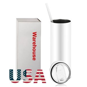 US/CA Stock 20oz Fashion Straight Tumbler 304 Stainless Steel Water Bottles Vacuum Insulated Beer Coffee Mug Cup with Lids and Plastic Straws 0315