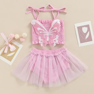 Completi di abbigliamento 1-4 anni Set di vestiti estivi per bambina Set di pantaloncini a triangolo con canotta arricciata ricamata a farfalla con gonna in tulle 2 pezziAbbigliamento