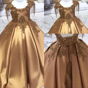 Hot Gold Flower Girls Dresses For Weddings Scoop Neck Cap Hidees Sequined Lace Crystal Beads Corset Back Sweep Train Birthday Pageant Commonion Dress 403