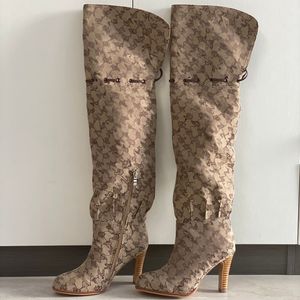 Women Top Luxury Quality Leather Red Beige Canvas Over The Knee Boots Zipper Lace Fashion Luxury High Heel Thick Heel Shoes Large Size With Box NO317
