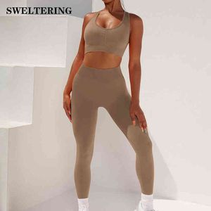 Kvinnor Yoga Set Seamless Workout Shirts Sport Pants Bra Gym Suits Fitness Shorts Crop Top High midje Leggings Running Set J220706