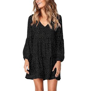 Casual Dresses Dot V-Neckline Kne-Length Dress Kort ärm Ruffle Loose Swing Kvinnlig klädsel