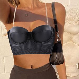 Spaghetti rem faux leahter bustier väst kvinnor camisoles sommar sexig kedja sling skörd tops mode lady svart pu camis korsetter kvinnor tank