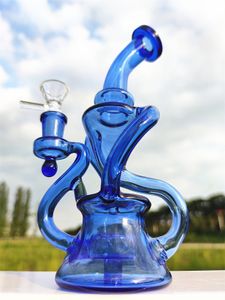 9,3 polegadas azuis Chambers Twin Hookah Glass Bong Dabber Rig Recycler Pipes Bongus de fumaça de fumaça com junta feminina de 14 mm