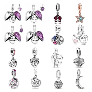 925 Sterling Silver Dangle Charm Magical Unicorn Pink Heart Family Tree Fameds Fit Fit Pandora Charms Bracelet Diy Acessórios de jóias