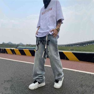 2022 Korean Fashion Letter Print Retro Washed Men Baggy Jeans Trousers Hip Hop Vintage Women Casual Denim Pants Pantn Homme T220803