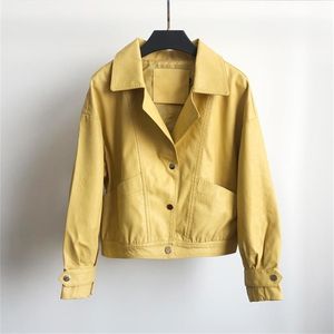 Yizzhoy Spring Faux Leather Jacketシングル胸肉Big Pocket FauxソフトレザーアウトウェイズPUオートバイショートバイカーコート210923