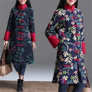 中国の赤い花の女性冬の温かい長いジャケットビンテージパッドドーコートメスブルーフラワーウィンターキルティングパーカレディースウィンドブレイカー201125