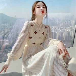 Knitting Sweater Maxi Dresses for Women Female Korea Style Slim Embroidery Wool Long Sleeve Woman Dress Party Autumn Winter 220406